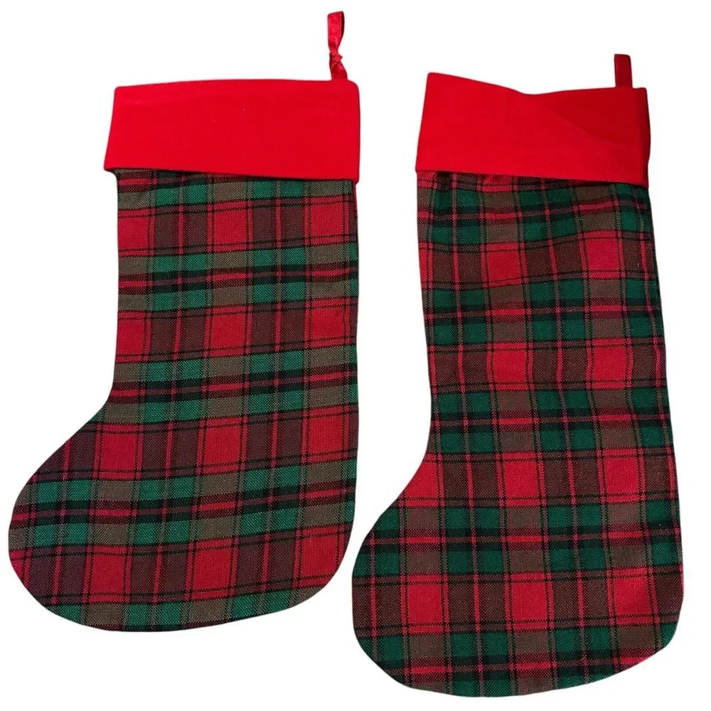 Vintage Mr and Mrs Claus Applique‎ Christmas red and green plaid Stocking